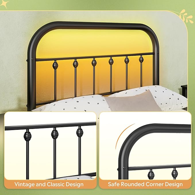 WLIVE Metal Platform Bed Frame, Twin Bed Frames with Headboard, Bed Frame with LED Lights and Charging Station, 600LBS Mattress Foundation, Under Bed Storage, No Box Spring Needed, Black