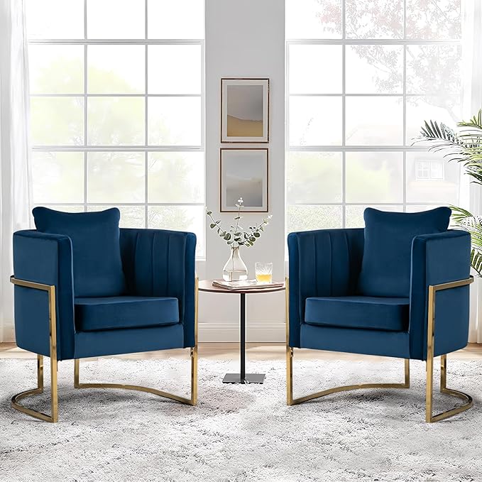 Velvet Modern Accent Chair, Upholstered Barrel Armchair Mid Century with Pillow for Living Room, Comfy Single Vanity Chair with Metal Gold Legs for Bedroom, Blue