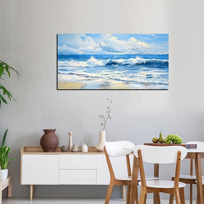 ENTANUB Ocean Wall Art for Bedroom, Sea Wave Wall-Decor for Living Room, Blue Picture Print, Size 48x24 Inches