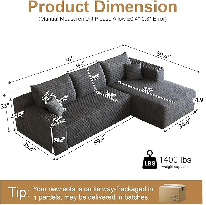 96" Sectional Couches for Living Room Modern Modular Sofa with L-Shape Couchs Upholstered Boneless Couch Deep Seat Sectional Couch with Chaise (Dark Grey, 96" Right Facing Chaise+2Seaters)
