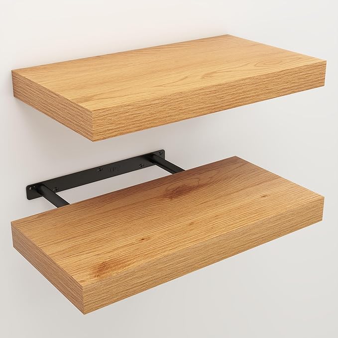 Floating Shelves for Wall, 7.9" Deep Wall Mounted Wood Shelves for Bathroom, Bedroom, Living Room, Kitchen, Hanging Shelf for Books/Storage/Room Decor (Oak, 16")