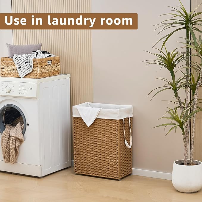 Slim Wicker Laundry Hamper, 55L Handwoven Rattan Basket with Handles, Narrow Laundry Basket with Removable Liner Bag & 2 Mesh Bags