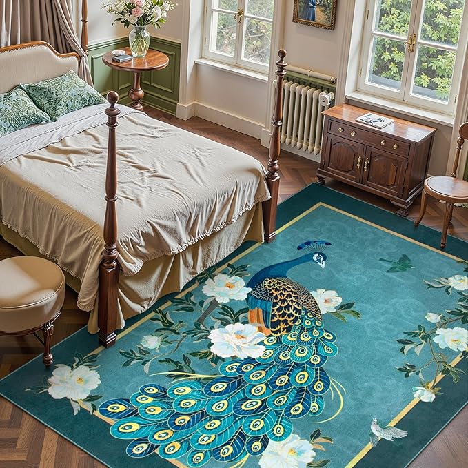 Lahome Peacock Washable Rugs 5x7, Soft Blue Rug for Living Room Bedroom, Floral Vintage Non-Slip Low Pile Stain Resistance Carpet for Farmhouse Dining Room Office, Blue