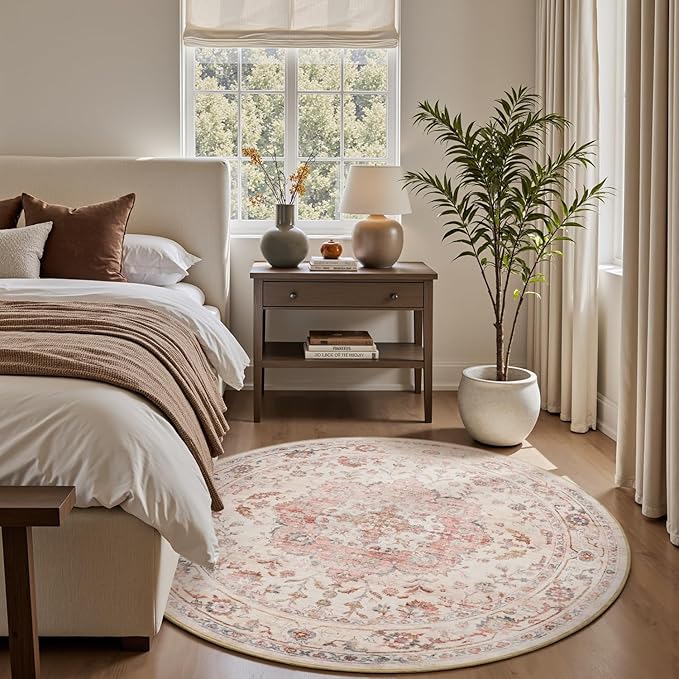 PADOOR 6FT Round Rug,Rugs for Living Room,Soft Pink Circle Rug,Machine Washable Rugs for Bedroom,Non Slip Carpet,Rug for Dining Room Living Room Bedside Office