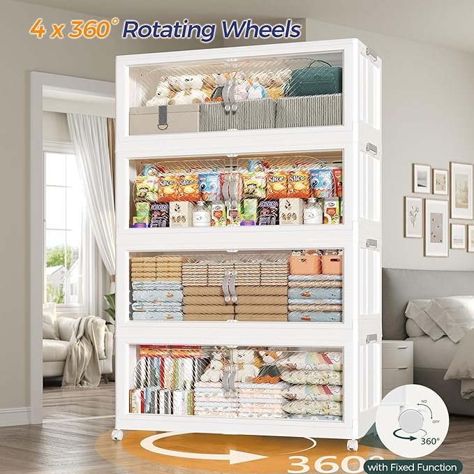 720QT Plastic Stackable Storage Bins with Lid, 180GAL Extra Large Collapsible Box with Wheels Clear Door, Foldable Closet Organizer Container Cabinet Drawer for Home Kitchen，6Pack, White
