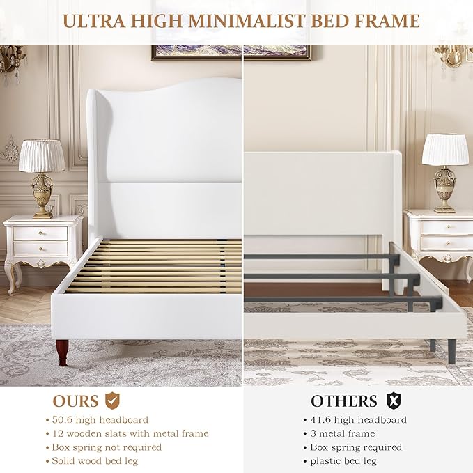 koorlian King Size Bed Frame with 51" Tall Headboard, Fully Upholstered Platform Bed Frame with with Soft Fabric, Sleigh Wingback, Solid Wood Retro Legs, Modern Minimalist Style, Easy Assembly, White