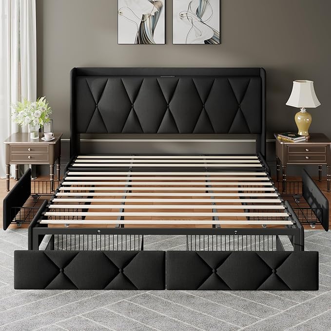 Feonase King Size Bed Frame with 4 Storage Drawers, Upholstered Platform Bed with Charging Station, Wingback Storage Headboard, Wooden Slats Support, No Box Spring Needed, Easy-Assembly, Black