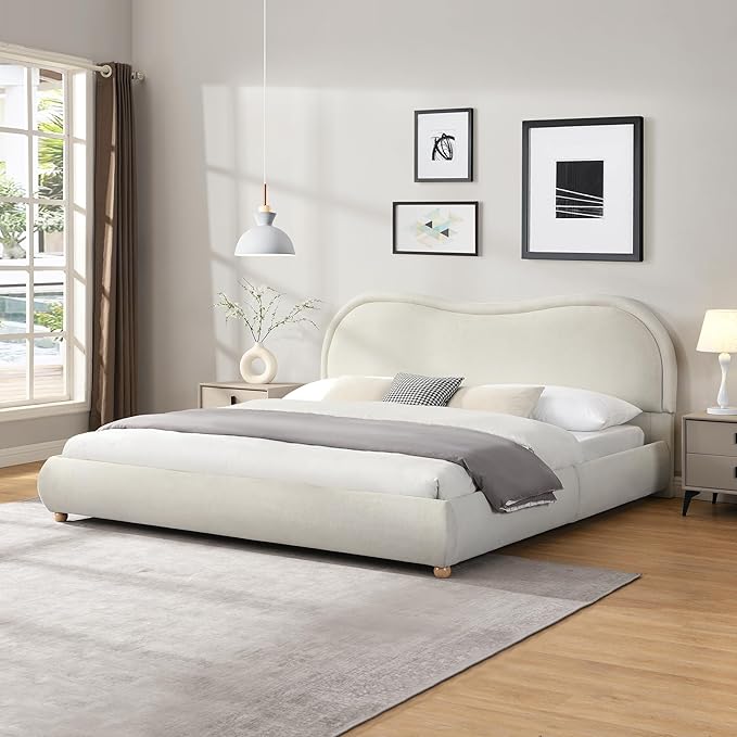 King Size Upholstered Platform Bed Frame, Modern Cloud Bedframe with Headboard, Low Profile Bed Floor Bed Frames with Soft Rounded Corners, No Box Spring Required, Easy Assembly, Chenille Cream