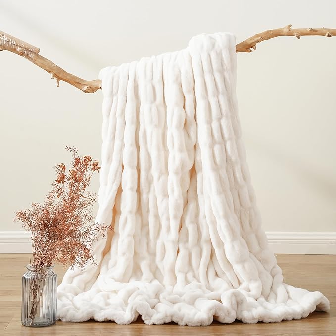 BATTILO HOME Cream Faux Fur Throw Blanket for Bed, Large Double Side Ruched Rabbit Fur Blanket for Couch, Bed, Super Soft Cozy Mink Blanket, 60"x80"
