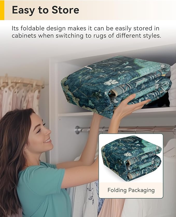 Area Rugs 3'x6' Washable Non-Slip, Floral Vintage Distress Print Pattern Medallion Carpet for Living Room Bedroom Dining Room, Teal Green Lake Blue Turquoise
