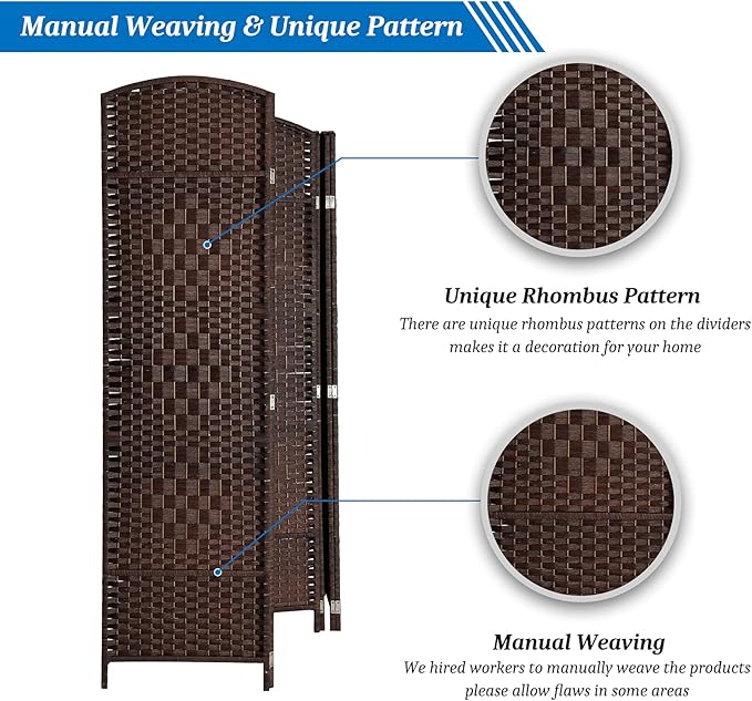 VINGLI 6-Panels Tall Rattan Room Divider, 6 FT Folding Privacy Screen, Indoor Partition Wall Dividers, Freestanding Hinged Space Separator (Dark Brown)
