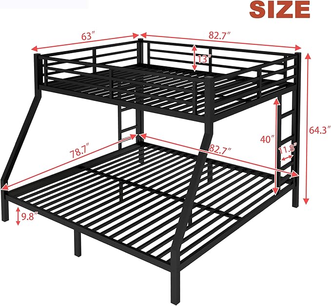 Upgraded Version Thicken Metal Queen Over King Bunk Bed, Heavy-Duty Steel King Bunk Bed, Best Modern Bunkbed King Size for Adults, Easy Assemble (Queen Over King)