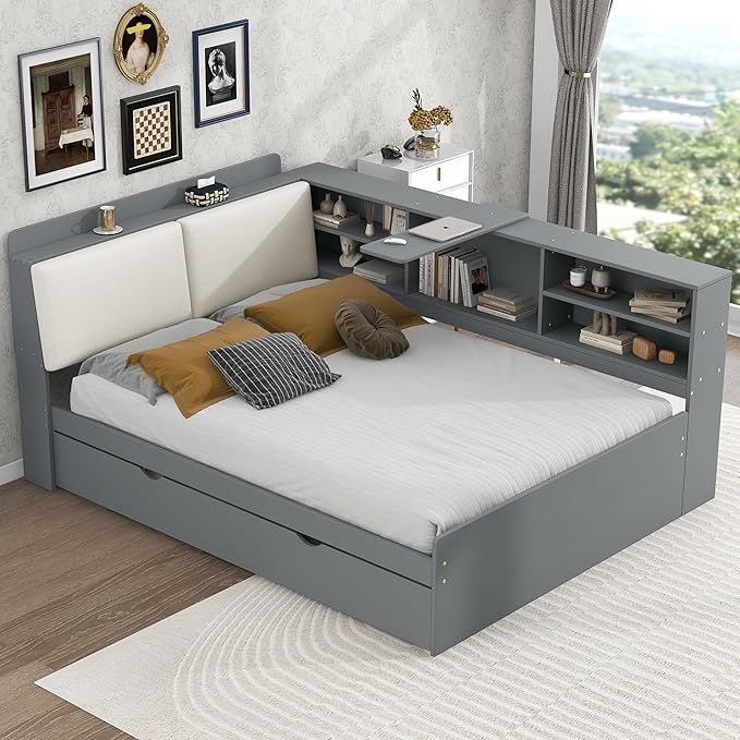 Ball & Cast Full Size Wooden Storage Daybed Frame, Modern Platform Bed with Trundle & Flip Headboard & Shelves, L Shaped Full Floor-Bed w/Upholstered Headboard&Storage, No Box Spring Needed, Gray