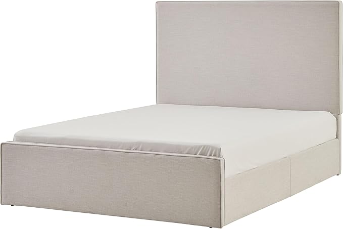Queen Size Upholstered Bed Frame, 52" High Headboard Wingback Bedframe, Lucas Tall Headboard Floor Platform Beds, No Box Spring Needed No Noise/Minimalist, Textured Lvory Canvas Chenille