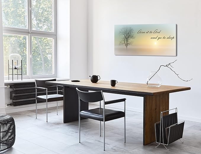 Misty Sunset & Tree Plant Picture For Bedroom Above Bed,Large White Country Wood Sign For Bathroom Canvas Wall Art,Give It To God And Go To Sleep Artwork Decor,Gallery Wrapped Gift,Inner Frame(24x48)