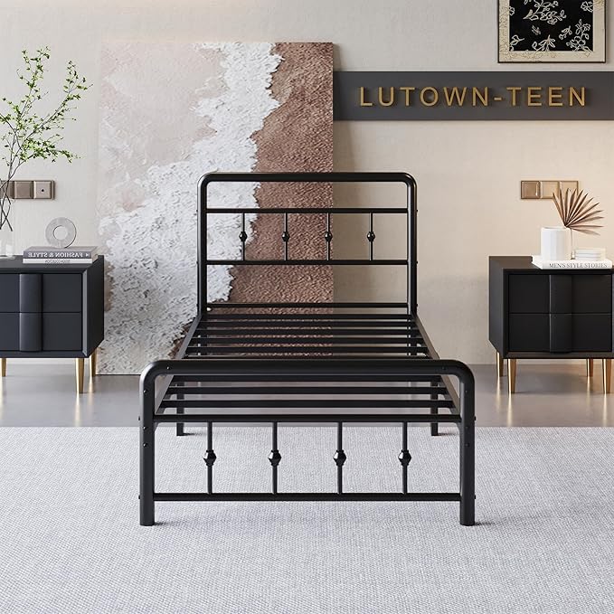 12 Inch Twin XL Bed Frames with Victorian Vintage Headboard and Footboard, No Box Spring Needed, Heavy Duty Metal Mattress Foundation, Noise Free, Easy Assembly, Black