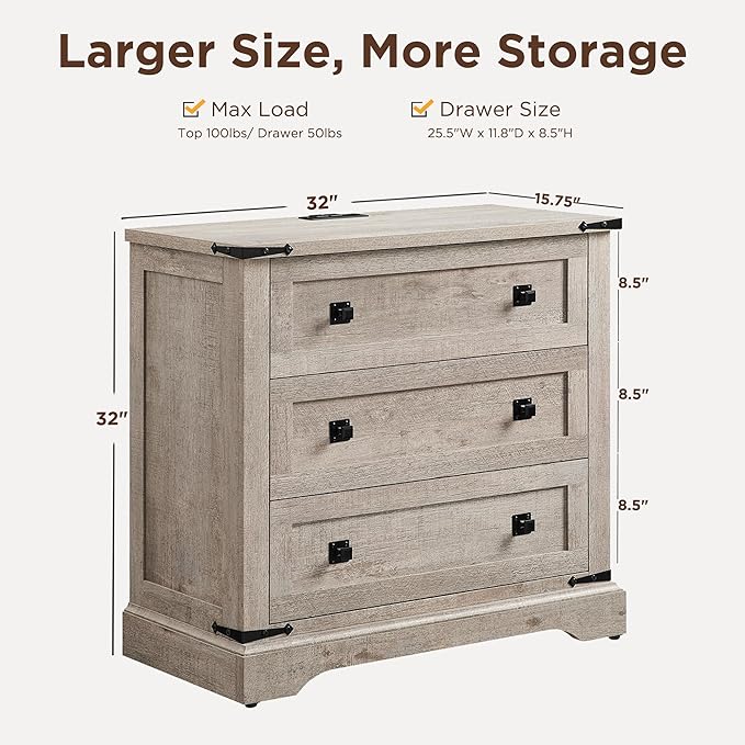 T4TREAM 32" Farmhouse Nightstand with Charging Station, Large End Table with 3 Storage Drawers, Rustic Wood Bedside Table for Bedroom, Living Room, Light Rustic Oak