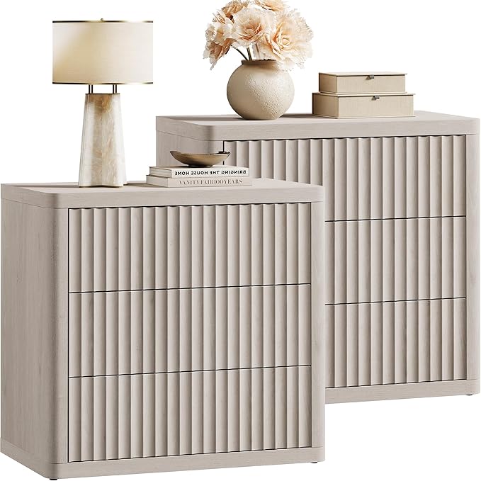 SICOTAS Night Stand Set 2 - Oversized Extra Large Bedside Table Modern Side Table with Storage Fluted 3 Drawer Nightstand 27.5" W End Tables Dorm Room Nightstands for Bedroom Sofa Couch Home Office