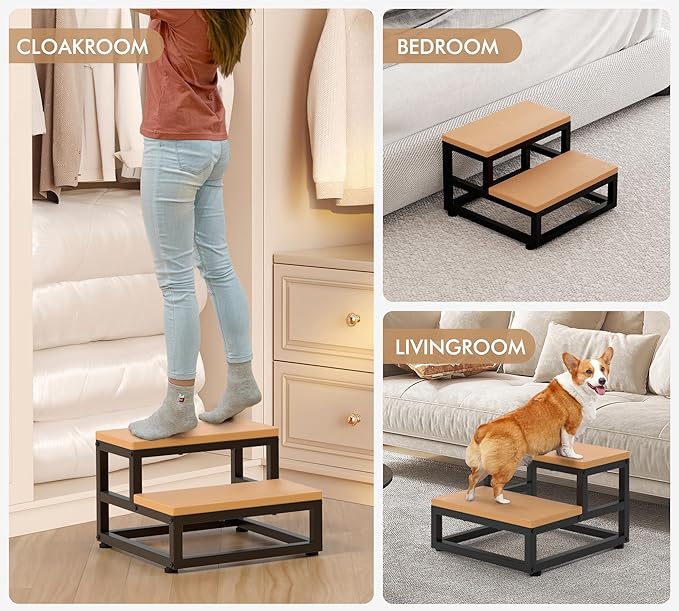 Y&M Two Step Stool for Adults Kids, Waterproof HPDE Bed Step Foot Stool with Adjustable Non-Slip Feet, Metal Frame Stepping for Kitchen Bathroom Bedroom Living Room, Indoor or Outdoor Use, Brown