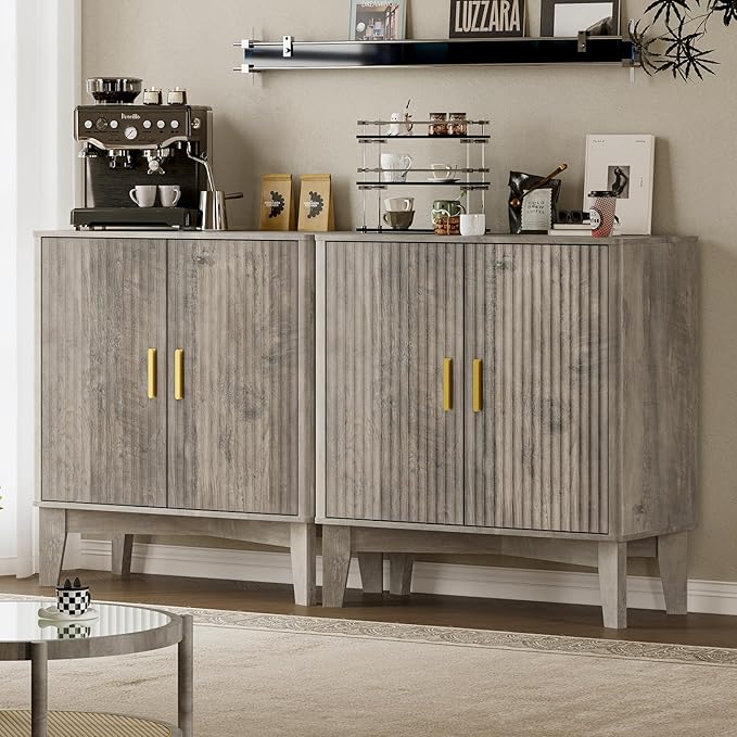 Storage Cabinet with Doors and Adjustable Shelf, Modern Fluted Sideboard Buffet Cabinet, Freestanding Coffee Bar for Kitchen, Pantry, Entryway, Living Room (Weathered Gray)