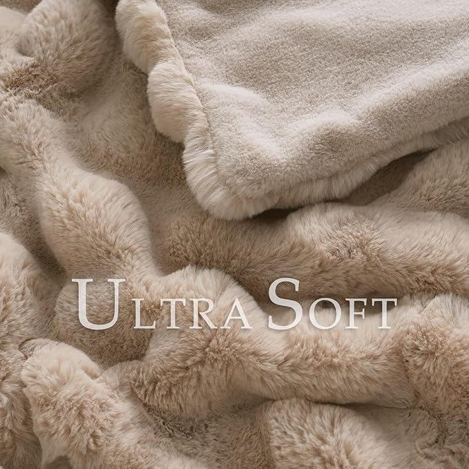 BENVWE Faux Fur Throw Blanket for Couch - Thickened Fluffy Soft Bubble Blanket for Living Room Home Decor - Fathers Day Birthday Gifts for Women Men, Beige, 50" x 60", 1300GSM