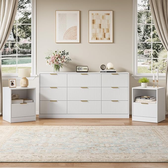 9 Drawer Dresser & Nightstand Set 3-Piece, 63” Wide Bedroom Set Night Stand Set of 2 with Metal Handle, Fluted Modern Wood Chest of Drawers Storage Dressers Set for Bedroom, White