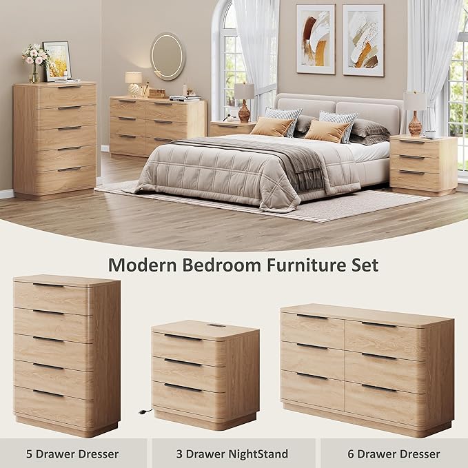 5 Drawer Dresser for Bedroom, 45" Tall Modern Chest of Drawers with Metal Handle, Curved Profile Design, Wooden Closet with Large Drawers Dressers Organizer for Entryway Hallway