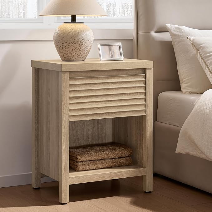 SICOTAS Fluted Nightstands Set of 2-19.6" Wide Wooden Night Stand with Drawer and Storage Shelf, Modern Bedside Table with Thick Top, Boho End Bed Side Tables for Bedroom, Light Oak