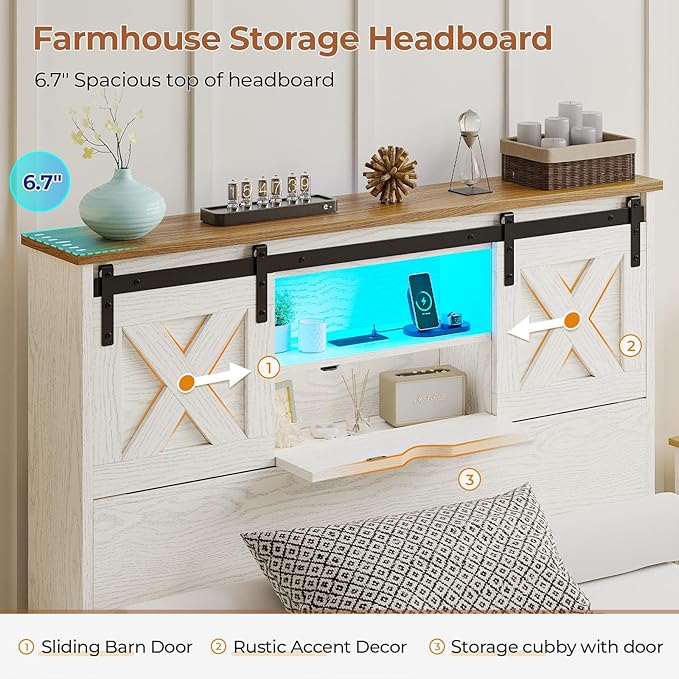 Hasuit Farmhouse Bed Frame Twin XL Size with 2 Storage Drawers, Wooden Platform Twin XL Bed with LED Lights and Charging Station, Rustic Headboard with Sliding Barn Door Storage Cabinets (White)