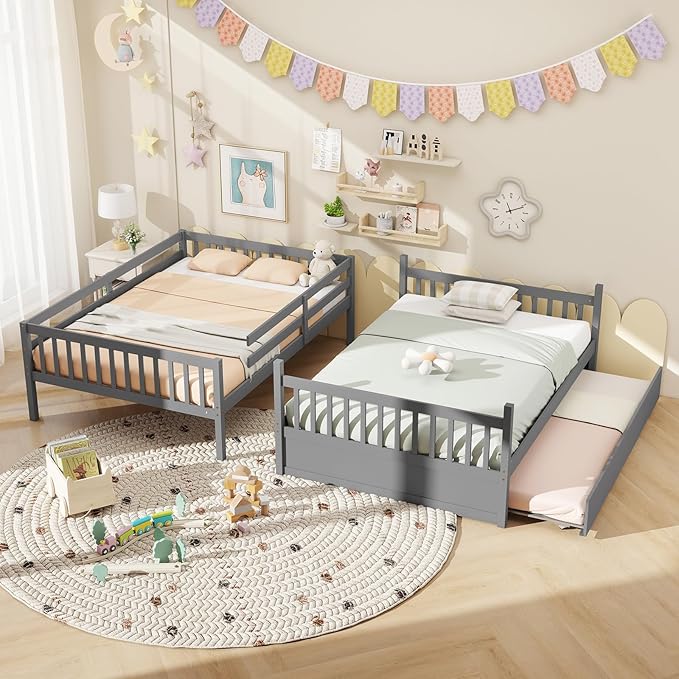 KOMFOTT Wood Full Over Full Bunk Bed with Trundle, Wooden Bed Frame with Ladder, Solid Wood Frame & Safety Guardrails, Space-Saving Bunk Bed for Teens & Adults, No Box Spring Needed