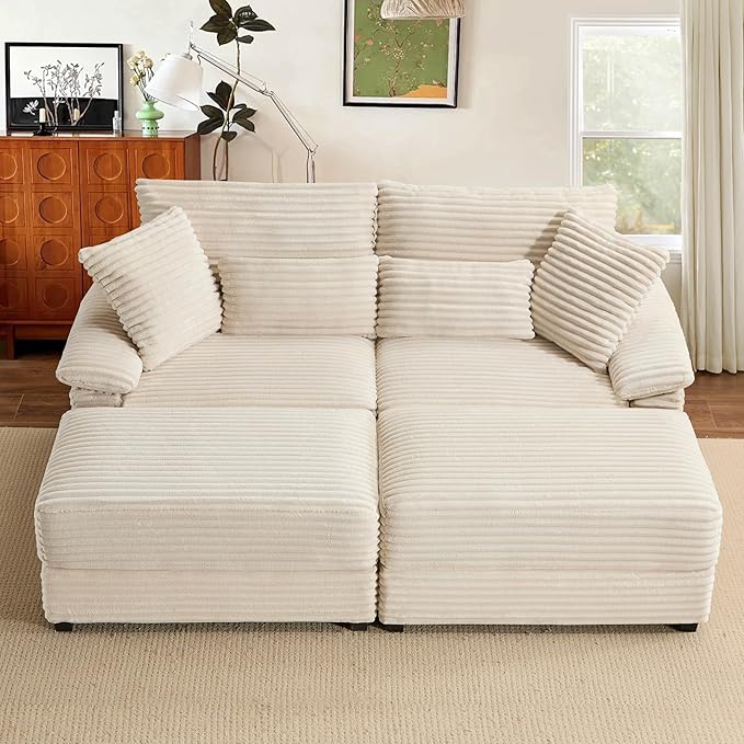 74" Double Chaise Lounge Chair Indoor, Oversized Loveseat with Removeable Ottoman, Corduroy Couch with USB Charging, Storage Ottoman, and Coffee Table Cushions for Living Room (2 Chaise Beige)