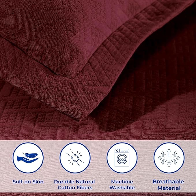 Superior 100% Cotton Basket Weave Bedspread with Shams, All-Season Premium Cotton Matelasse Jacquard Bedding, Quilted-Look Geometric Basket, Queen, Garnet