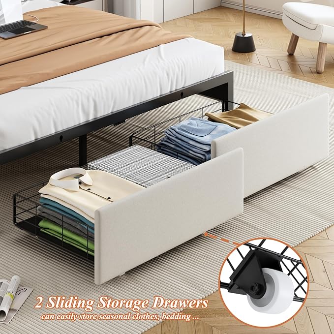 Full Size Bed Frame with Storage Headboard and 2 Drawers, Upholstered Button Tufted Bed Frames Full with Led Lights and Handy Charging Station, No Box Spring Needed, Easy Assembly, Noise Free, Beige