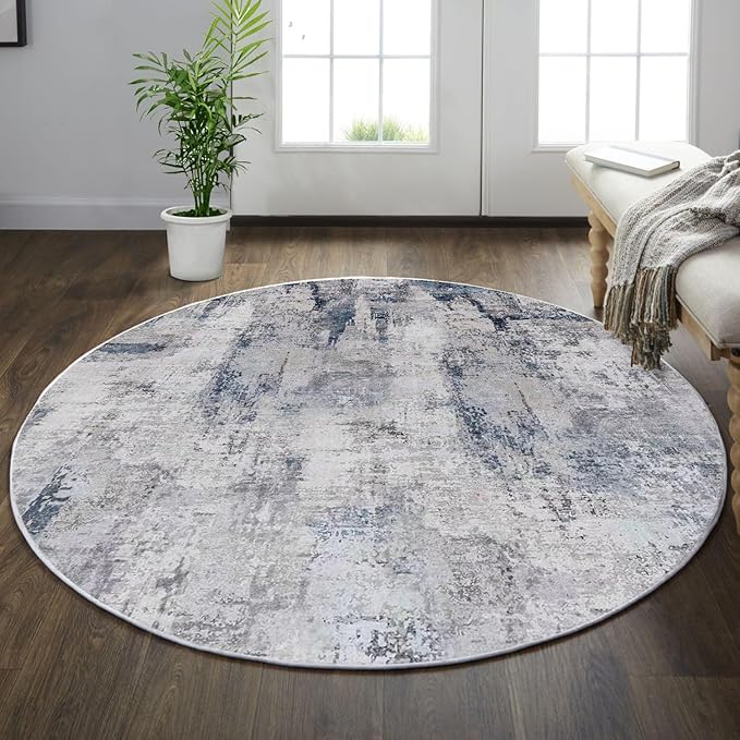 vivorug Round Rug 5ft Abstract Round Area Rug Non-Slip Indoor Carpet for Living Room Bedroom Entryway, Stain Resistant Home Decor Circle Rug, Grey/Navy