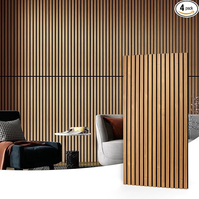 Art3d 4 Pack 47.2 x 23.6in. Wood Slat Acoustic Panels for Wall and Ceiling - 3D Fluted Sound Absorbing Panel with Wood Finish - Teak