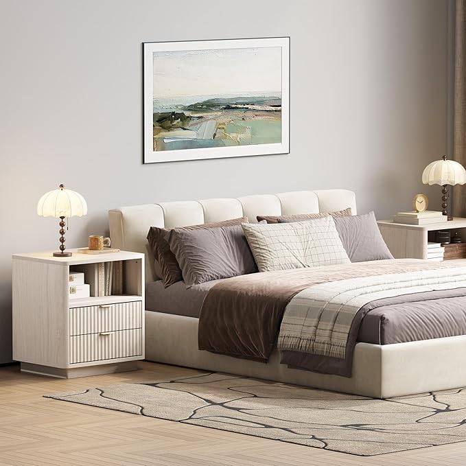 Fluted Nightstands Set of 2 - Nightstand with 2 Drawers & Open Shelves, 22" Wide Large Bedside Stand Modern Storage Wooden Side Tables for Bedroom (Oak White)