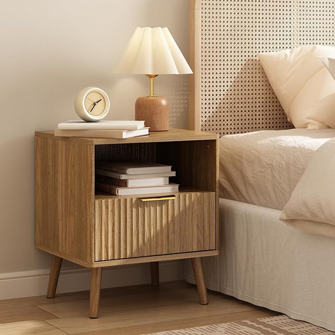 CARPETNAL Fluted Nightstand, Walnut Bedside Table with Drawer and Storage Shelf, Wood End Table Mid Century Night Stands for Bedroom Living Room