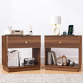 Narrow Nightstand Set of 2, Wooden Small 2 Drawer Nightstand, Slim Side End Table, Skinny Bedside Table, Mid Century Modern Night Stand with Drawers, for Living Room (Walnut-Charging Station-2 pcs)