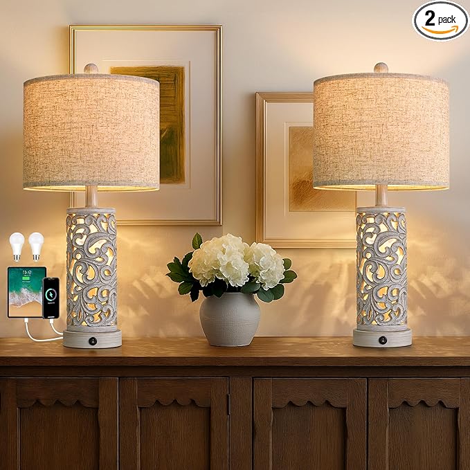 OYEARS Bedside Table Lamps Set of 2 with USB & Night Light, 22'' Farmhouse Bedroom Lamps for Nightstand, Vintage Table Lamps for Bedroom Living Room Home Offce (Bulb Included)