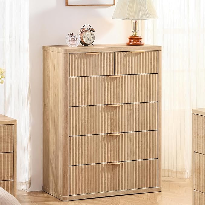 LEYAOYAO Fluted Dressers & Nightstand Set of 3, Wood 48" Wide Dresser & 42" Tall Chest of Drawers,Modern Bedroom Furniture Sets, Natural Wooden Nightstand with 3 Drawers & Charging Station