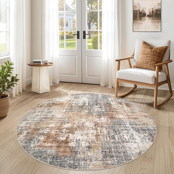 5ft Round Area Rug Living Room Rugs - 5x5 Washable Large Soft Indoor Neutral Modern Abstract Low Pile Rug Carpet for Bedroom Dining Room Farmhouse Home Office - Grey Brown