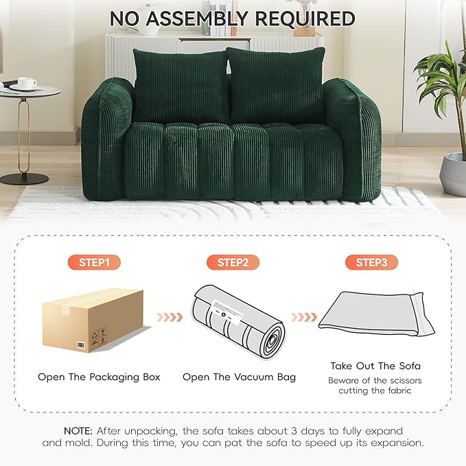 66'' Boneless Corduroy Loveseat Sofa, 2 Seater Tufted Deep Seat Couch with Rounded Armrest, Upholstered Cloud Couch for Living Room, Bedroom, No Assembly, Green