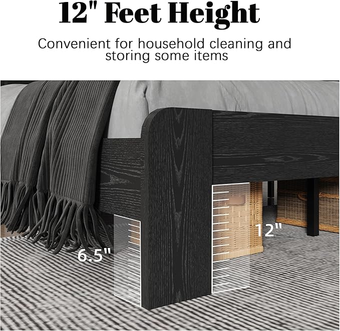 Queen Size Bed Frame with Farmhouse Headboard, Rustic Wooden Bedframe with LED Lights and Charging Station, Easy Assembly, No Box Spring Needed (Black, Queen)