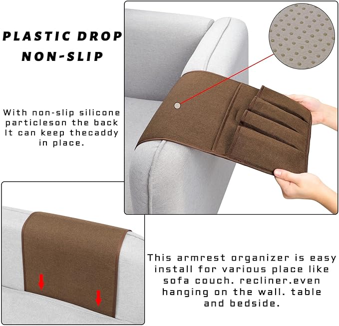 NB Sofa Armrest Organize remote holder bedside caddy organizer with 5 pockets，non-slip couch remote control holder couch armchair caddy accessories (Flaxen, 35"x12.4")