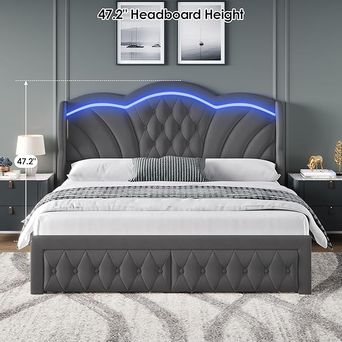 Keyluv King Bed Frame with LED Lights and 2 Storage Drawers, Velvet Upholstered Platform with 47" Tall Arc-Shaped Wingback Headboard and Button Tufted Design, No Box Spring Needed, Noise-Free, Gray