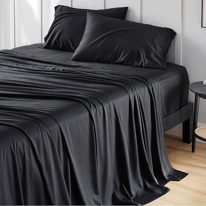 Bedsure Full Size Bed Sheets, Cooling Sheets, Rayon Derived from Bamboo, Breathable & Soft, Deep Pocket Up to 16 Inches, Hotel Luxury Silky Bedding for Hot Sleepers, Black