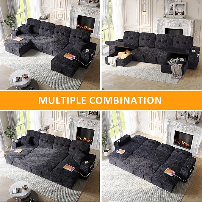 117" Sleeper Sofa Bed, U-Shaped Sofa with Dual Reversible Storage Chaise | Adjustable Backrest | Wide Armrest, Sectional Couches for Living Room, 4 in 1 Pull Out Couch Bed, Navy Blue Chenille