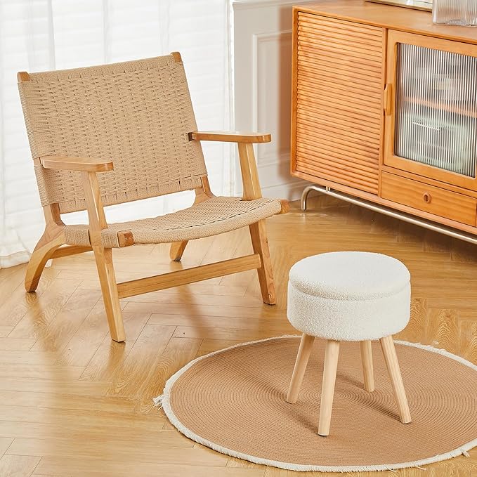 Mxfurhawa Storage Ottoman Foot Stool Teddy Velvet Round Vanity Stool Tray Top Footstool with Wood Legs Upholstered Foot Rest Ottoman for Living Room, Bathroom, Makeup (White)