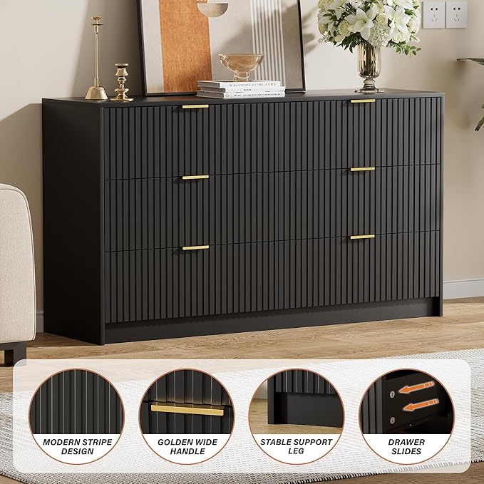 Black Dresser for Bedroom, Modern Dresser with 6 Drawers and Smooth Slides, Wide Chest of Drawers with Golden Handles for Bedroom, Living Room, Closet, 15.7" D x 55.1" W x 31.4" H