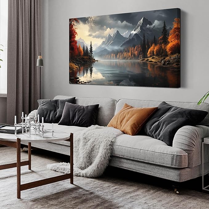Landscape Wall Art for Living Room Bedroom Home Office Gray Wall Art Mountain Lake Pictures Modern Landscape Large Artwork Framed Canvas Prints 24x48 Inch